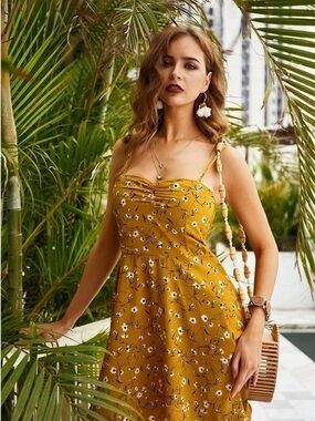 Sunset Mustard Floral Tie-Strap Mini Dress